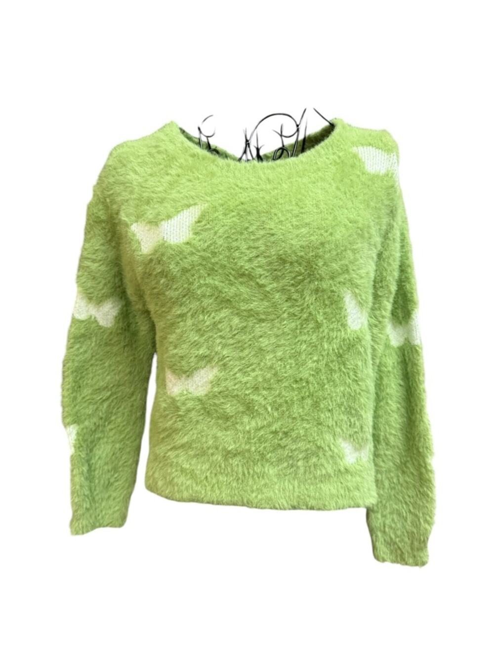 Women’s Fuzzy Lime Crewneck Sweater with Butterfly Accents Medium